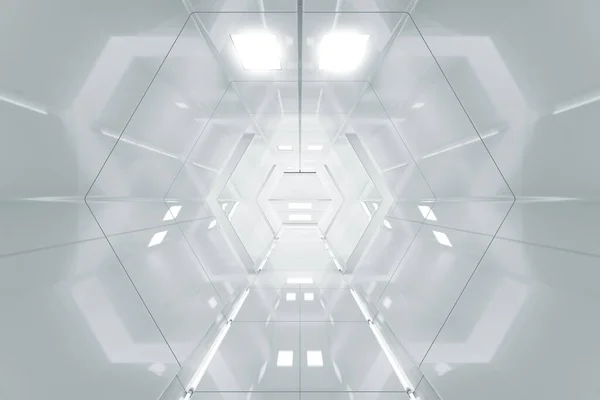 Abstraktní Šestiúhelníková Koridor Futuristický Tunel Světlem Budoucí Vnitřní Zázemí Obchod — Stock fotografie