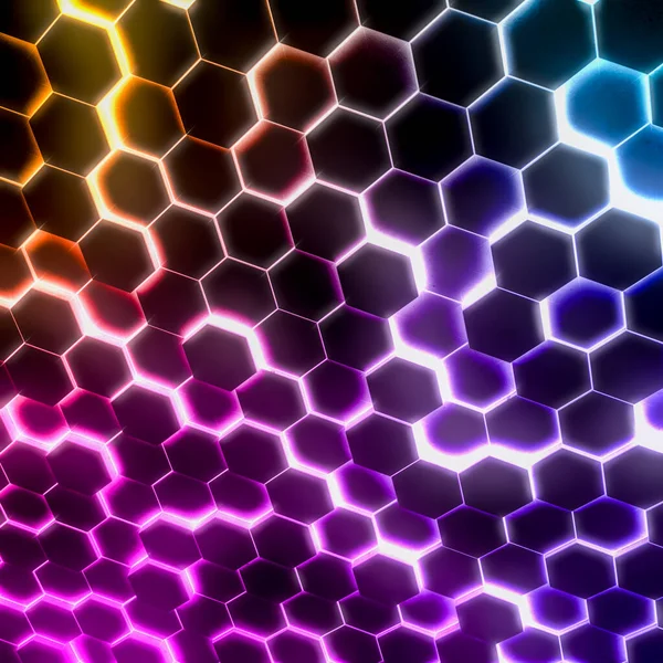 要旨明るい色の六角形の背景を照らす 多角形の六角形のサーフェスをグランジします 未来的なカラフルなテクノロジーテクスチャコンセプト 3Dレンダリング — ストック写真