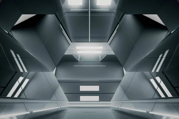 Soyut Altıgen Uzay Gemisi Koridoru Işıklı Geleceksel Tünel Geleceğin Mimarisi — Stok fotoğraf
