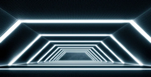 纽蓝光闪烁科幻未来派隧道 未来的宇宙飞船走廊 金属纹理和卷曲背景 科幻小说或科学概念 3D渲染 — 图库照片