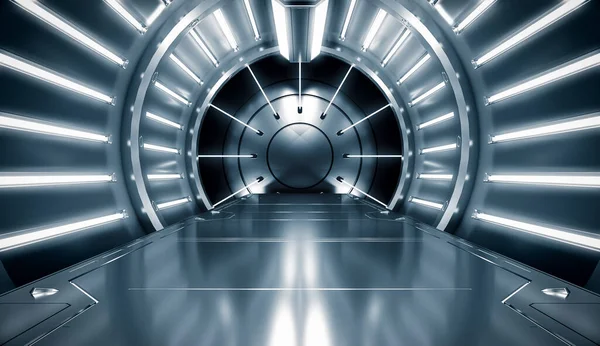 Futuristico Tunnel Metallo Acciaio Con Luce Lungo Corridoio Vista Interna — Foto Stock