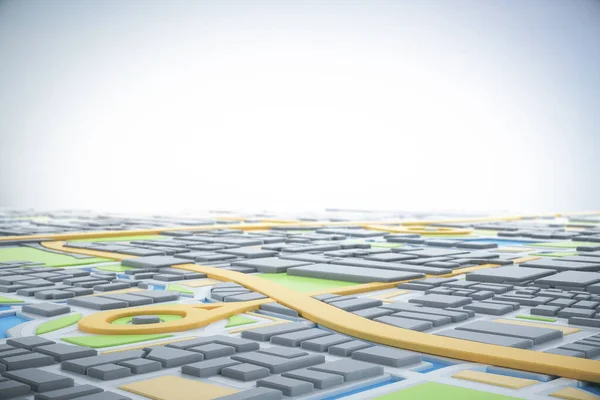 3D şehir haritası ve navigatör pimi. Navigasyon, konum rotası, seyahat ve turizm planlama konsepti. 3B illüstrasyon.