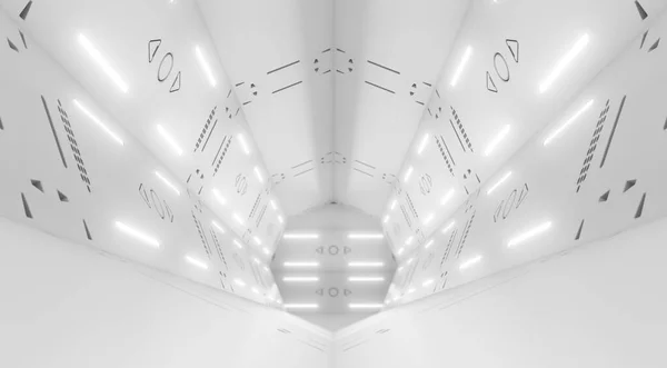 带有辉光背景的空白色隧道 未来的宇宙飞船走廊 内部科幻科学的概念设计 3D渲染 — 图库照片