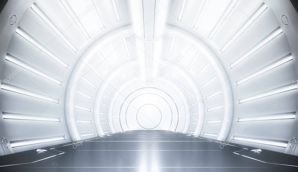 Futuristic white tunnel with light. Long corridor interior view. Future sci-fi background concept. 3D rendering.