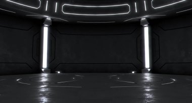 Boş sahneli fütüristik iç mekan. Modern Gelecek geçmişi. Teknoloji bilim kurgu hi-fi konsepti. 3d oluşturma