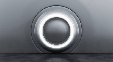 Beton zeminli gümüş metalik modern sergi elementinin soyut iç tasarımı. Boş Gelecek 3B Hazırlama Arkaplanı.