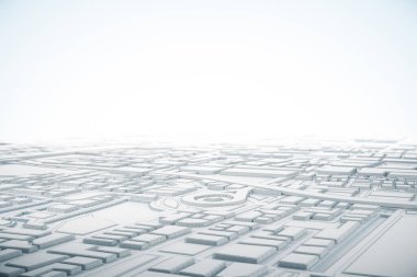 Beyaz ve 3D şehir haritası. Navigator pimi var. Navigasyon, konum rotası, seyahat ve turizm planlama konsepti. 3B illüstrasyon.