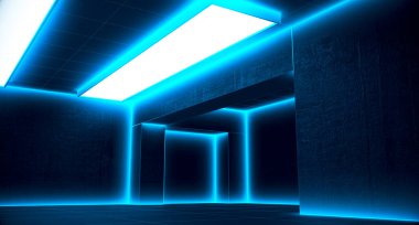 Soyut mavi neon ışıklar boş odada parlıyor. Grunge dokusu. Geleceğe yönelik bir geçmiş. 3d resimleme