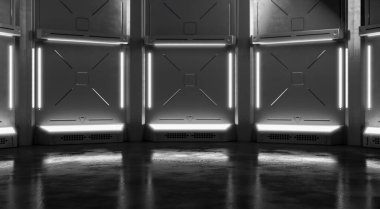 Işıklı geleceksel bir arkaplan. Modern Gelecek Teknolojisi soyut bilim kurgu iç konsepti. 3d Hazırlama.