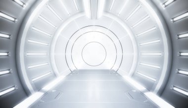 Işıklı gelecekçi beyaz tünel. Uzun koridor manzarası. Gelecekteki bilim kurgu konsepti. 3B görüntüleme.