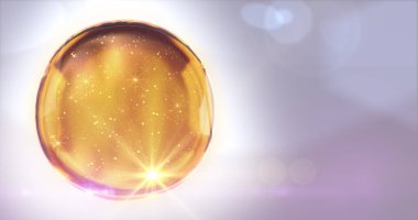 Parlak arka planda sarı renkli yağ damlası. Şeffaflık Sıvısı elementi. Cilt bakımı, güzellik, kozmetik, nemlendirici, otomobil, motor. 3B illüstrasyon