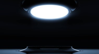 Soyut modern koyu renkli, zarif mavi iç mekan. Ürün sergisi için podyum. Eğimli sahne tasarımı fütüristik arka plan. 3d hazırlayıcı.