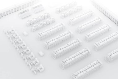 Raflı süpermarket. Beyaz mağaza. 3B görüntüleme.