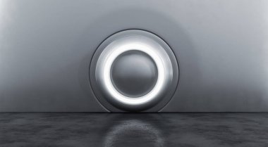 Beton zeminli gümüş metalik modern sergi elementinin soyut iç tasarımı. Boş Gelecek 3B Hazırlama Arkaplanı.