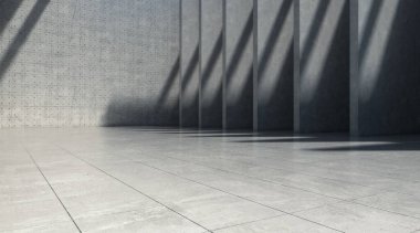 Işıkları ve gölgesi olan soyut boş beton duvar, pürüzlü uzay odası. 3d oluşturma