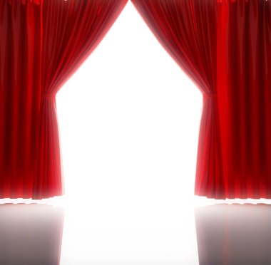 Beyaz arka planda yansıması olan kırmızı perdeler. 3d hazırlayıcı.