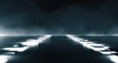 Şebeke çizgisi arkaplanlı zarif fütürist ışık ve yansıma. Yerden parlayan bir kutu. 3B görüntüleme.