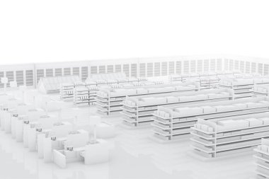 Raflı süpermarket. Beyaz mağaza. 3B görüntüleme.