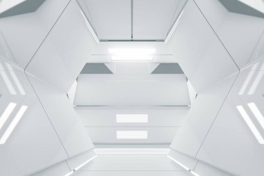 Soyut Altıgen Uzay Gemisi Koridoru. Işıklı geleceksel tünel. Geleceğin iç mimarisi, iş dünyası, bilim kurgu konsepti. 3d oluşturma