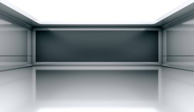 Siyah ekranlı çağdaş fütüristik kavram arka planı. Boş, karanlık, karanlık, aydınlık bir oda. 3B Hazırlama.