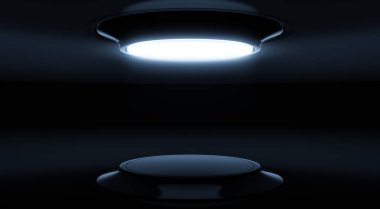 Soyut modern koyu renkli, zarif mavi iç mekan. Ürün sergisi için podyum. Eğimli sahne tasarımı fütüristik arka plan. 3d hazırlayıcı.