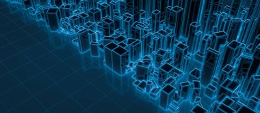 Ayna zemininde mavi gölgeli tel çerçeveli soyut gelecek blokları olan bir şehir. Dijital gelecek mimari teknolojisi arka plan kavramı. 3 Boyutlu Hazırlama.