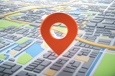 3D şehir haritası ve navigatör pimi. Navigasyon, konum rotası, seyahat ve turizm planlama konsepti. 3B illüstrasyon.