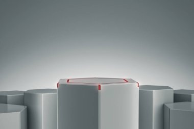 Zarif Blank ürün standı ışık ve ışıltıyla. Altıgen dizayn platformu. Göstermek için kaldırım taşı. Gelecekçi kavram geçmişi. 3B görüntüleme