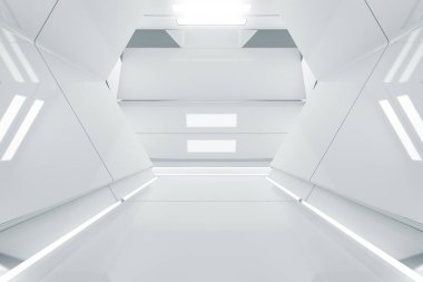 Soyut Altıgen Uzay Gemisi Koridoru. Işıklı geleceksel tünel. Geleceğin iç mimarisi, iş dünyası, bilim kurgu konsepti. 3d oluşturma