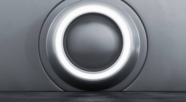 Beton zeminli gümüş metalik modern sergi elementinin soyut iç tasarımı. Boş Gelecek 3B Hazırlama Arkaplanı.