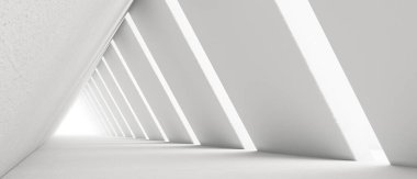 Boş Uzun Işık Koridoru. Modern beyaz arka plan. Geleceğin bilim kurgu üçgeni tüneli. 3B Hazırlama