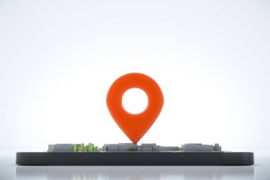 Navigator haritalı ve işaretli akıllı telefon. Navigasyon, konum rotası, seyahat ve turizm planlama konsepti. 3B illüstrasyon.
