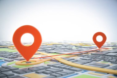 3D şehir haritası ve navigatör pimi. Navigasyon, konum rotası, seyahat ve turizm planlama konsepti. 3B illüstrasyon.