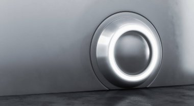 Beton zeminli gümüş metalik modern sergi elementinin soyut iç tasarımı. Boş Gelecek 3B Hazırlama Arkaplanı.