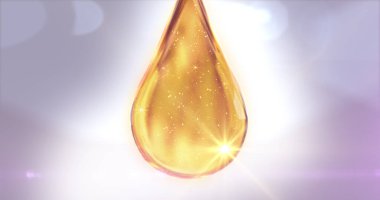 Parlak arka planda sarı renkli yağ damlası. Şeffaflık Sıvısı elementi. Cilt bakımı, güzellik, kozmetik, nemlendirici, otomobil, motor. 3B illüstrasyon
