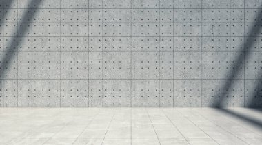 Işıkları ve gölgesi olan soyut boş beton duvar, pürüzlü uzay odası. 3d oluşturma