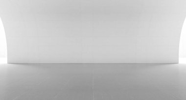 Kavis duvarlı soyut beyaz boşluk. Zemini olan modern boş sergi salonu. Gelecekteki konsept geçmişi. 3d oluşturma.