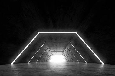 Soyut fütüristik karanlık koridor iç tasarımı. Işık arka planlı gelecek konsept tüneli. 3B görüntüleme.