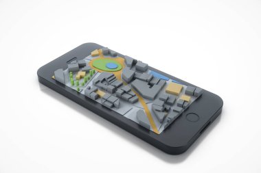 Navigatör haritalı akıllı telefon. Navigasyon, konum rotası, seyahat ve turizm planlama konsepti. 3B illüstrasyon.