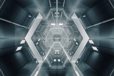 Soyut Altıgen Uzay Gemisi Koridoru. Işıklı geleceksel tünel. Geleceğin iç mimarisi, iş dünyası, bilim kurgu konsepti. 3d oluşturma