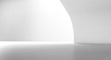 Kavis duvarlı soyut beyaz boşluk. Zemini olan modern boş sergi salonu. Gelecekteki konsept geçmişi. 3d oluşturma.