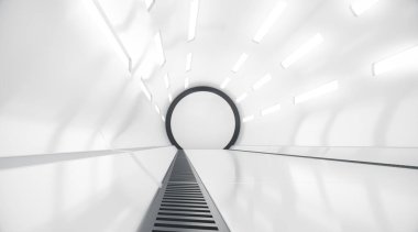 Fütürist tünel. Geleceğin iç mimarisi, bilim kurgu konsepti. 3d oluşturma.