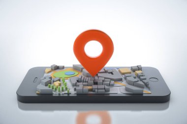Navigator haritalı ve işaretli akıllı telefon. Navigasyon, konum rotası, seyahat ve turizm planlama konsepti. 3B illüstrasyon.