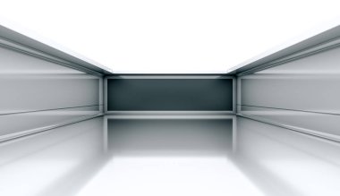 Siyah ekranlı çağdaş fütüristik kavram arka planı. Boş, karanlık, karanlık, aydınlık bir oda. 3B Hazırlama.