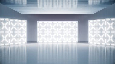 Duvarda parlayan neon ışıklar ve ürün yerleştirme için boş bir sahne arkası. 3B illüstrasyon.