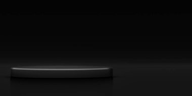 Arka planda minimum ürün standı var. Siyah stüdyoda sunumlar için silindir şekilli podyum. 3 Boyutlu Hazırlama.