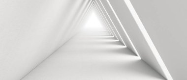 Boş Uzun Işık Koridoru. Modern beyaz arka plan. Geleceğin bilim kurgu üçgeni tüneli. 3B Hazırlama