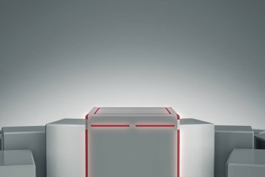 Zarif Blank ürün standı ışık ve ışıltıyla. Tasarım için küp platformu. Göstermek için kaldırım taşı. Gelecekçi kavram geçmişi. 3B görüntüleme