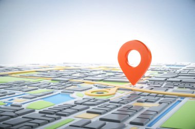 3D şehir haritası ve navigatör pimi. Navigasyon, konum rotası, seyahat ve turizm planlama konsepti. 3B illüstrasyon.