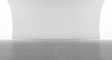 Kavis duvarlı soyut beyaz boşluk. Zemini olan modern boş sergi salonu. Gelecekteki konsept geçmişi. 3d oluşturma.